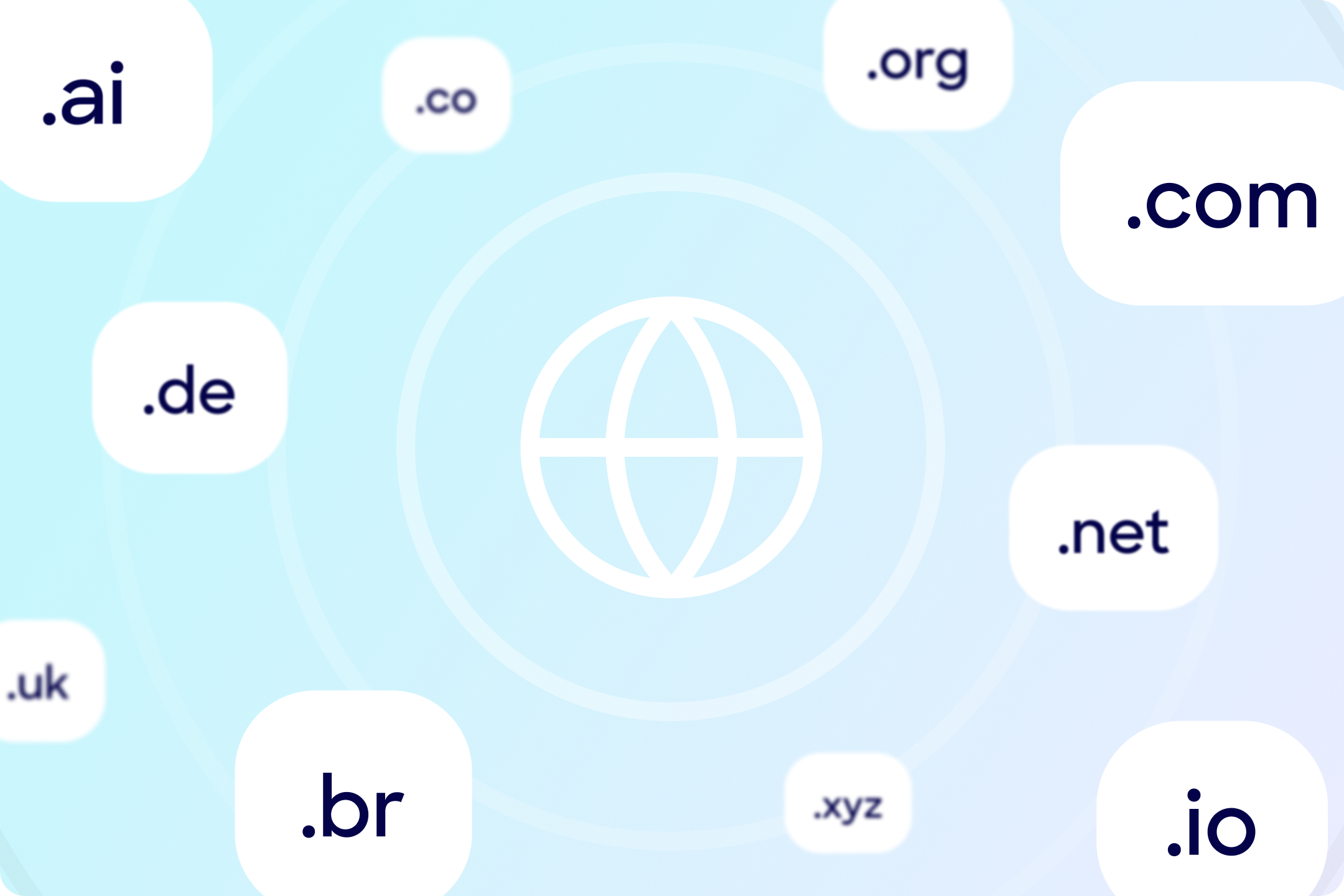 Common domain extensions floating around a web globe icon.