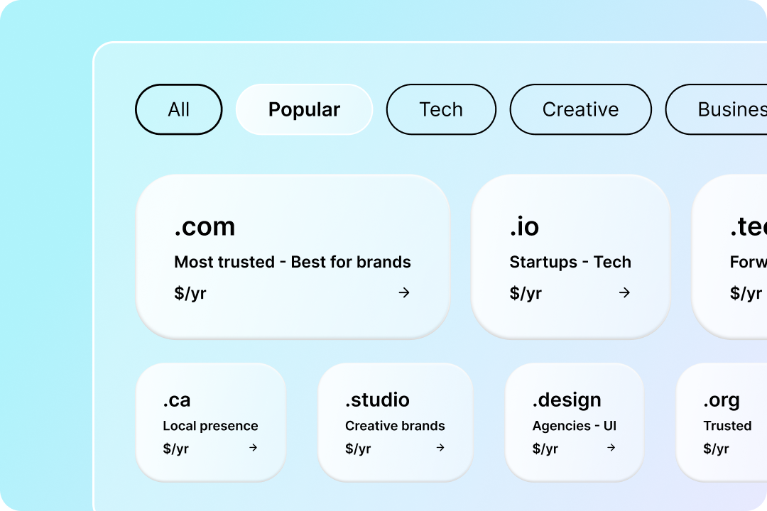 Different TLDs listed in various pill sizes