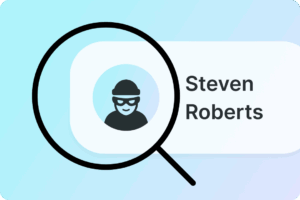 A magnifying glass hovering over a cartoon burglar photo within an ID badge.