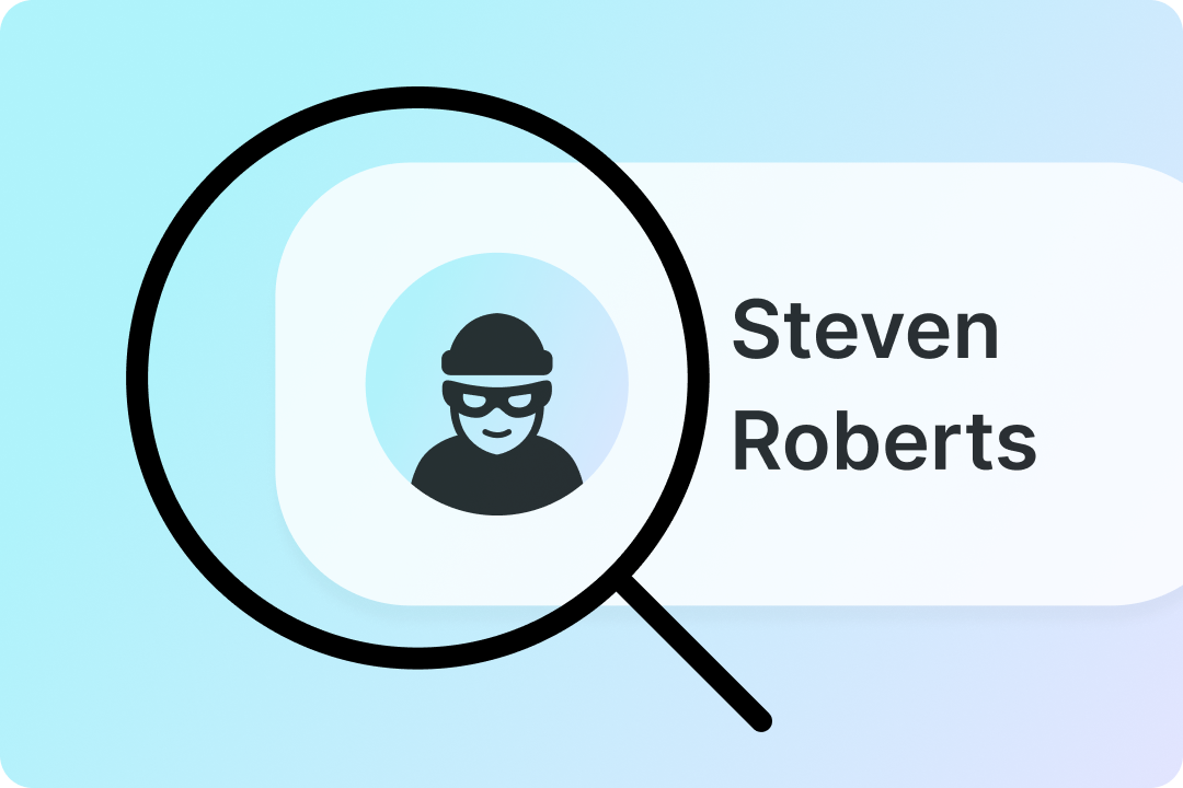 A magnifying glass hovering over a cartoon burglar photo within an ID badge.