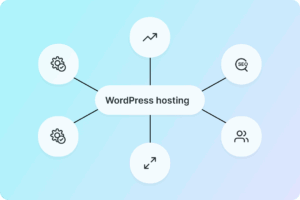 Several icons tech-themed icons within pills connected to a central pill that says "WordPress hosting" within it.