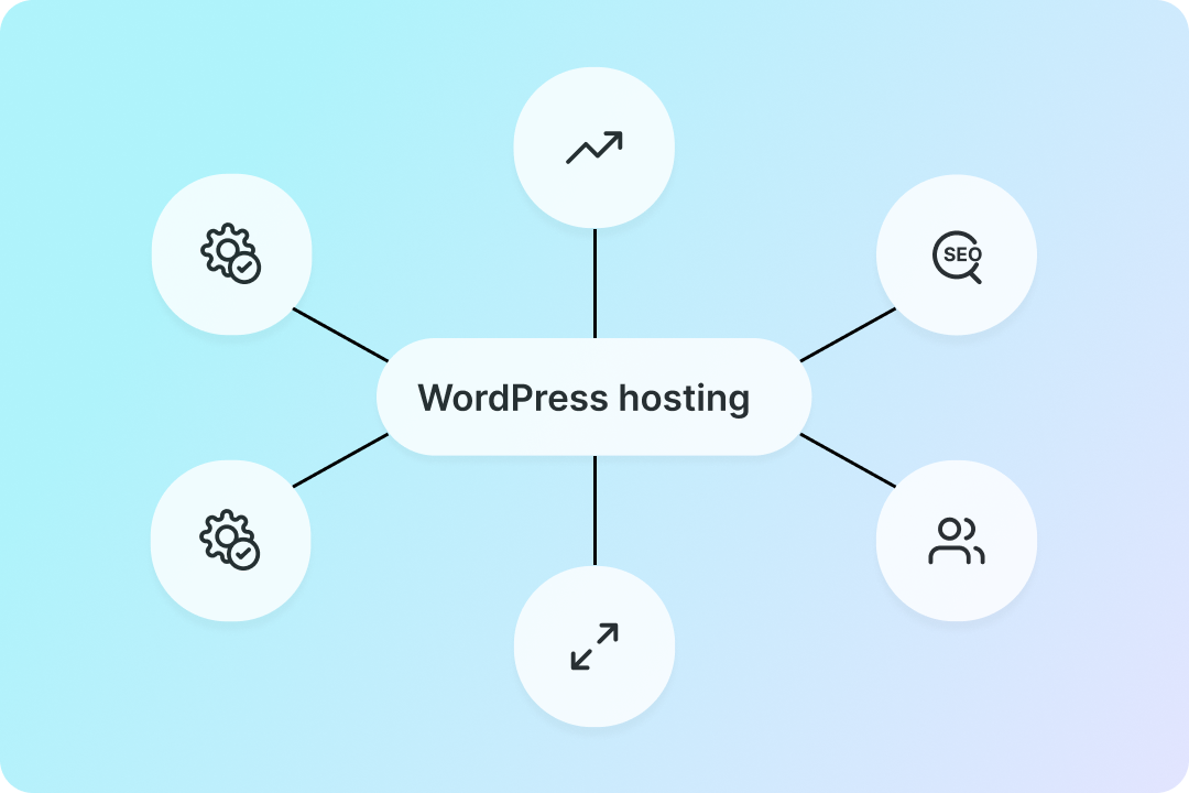 Several icons tech-themed icons within pills connected to a central pill that says "WordPress hosting" within it.