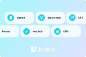 Words associated with Web3 floating in pill boxes, the .locker logo underneath.