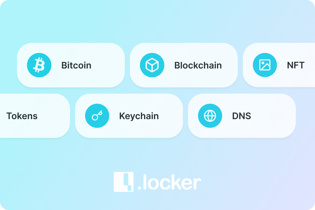 Words associated with Web3 floating in pill boxes, the .locker logo underneath.